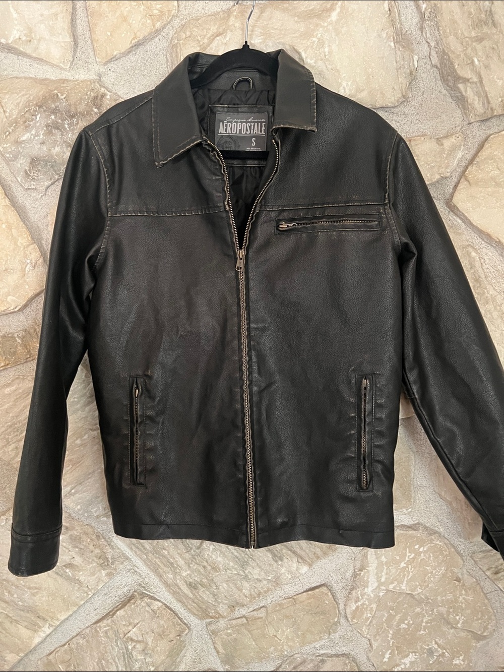 Aeropostale Distressed Black Faux Leather Vintage Style Racer Jacket S